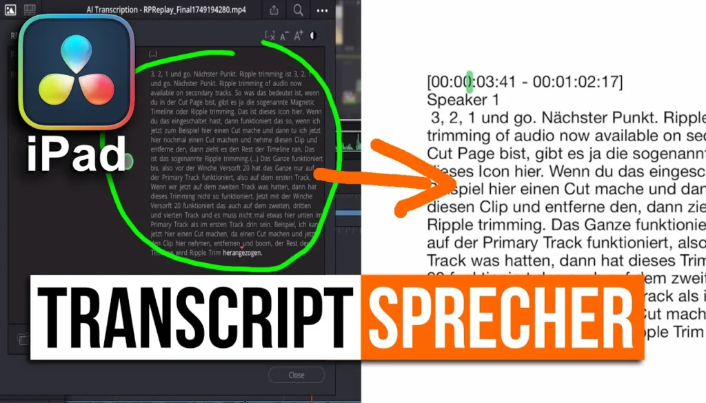 Resolve iPad: Speicher Transkripte mit Sprecher + Timecode
